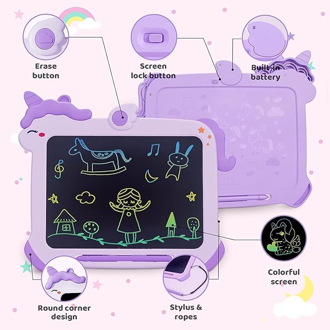 Kikapabi LCD Writing Tablet for Kids, Unicorn Toys Gifts for 3 4 5 6 7 Year Old Girls, Colorful Drawing Doodle Board, Toddler Educational Travel Toys Christmas Birthday Purple