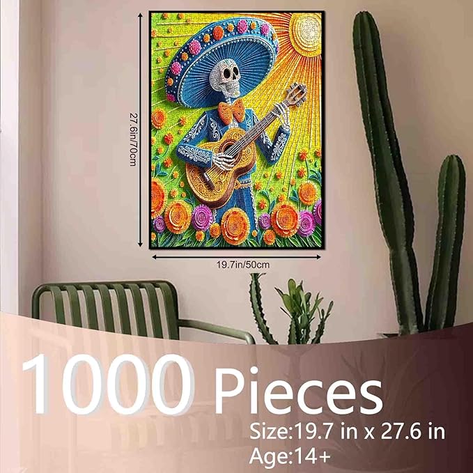 Tucocoo Skeleton Guitar 1000 Piece Puzzle for Adults, Colorful Skull Sunlight Jigsaw, Fun and Relaxing Paper Art Vibrant Puzzle for Family Game Night Stress Relief Activities Home Decor Gift