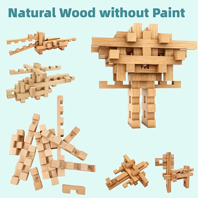 15 in 1 Educational Wooden Building Blocks - Assembled into 15+ Various Shapes, STEM Toys Gift for Kids and Classroom, DIY Building Toys for Ages 5+ Teens Adults - 42 Pcs