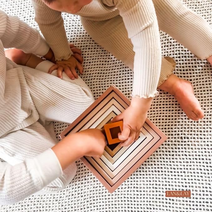 Wood Stacking Blocks for Toddlers 1-3 | LAN&Lay Durable Building Blocks | Wooden Educational Toys, Neutral