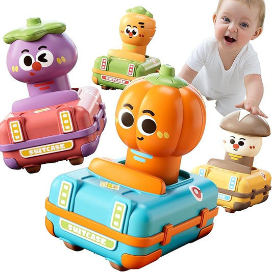 4 Pack Press and Go Cars Toys for Toddlers 1-3, 1-2 Year Old Baby Vegetable Racing Cars, Infant Play Vehicle Set, Push Go Friction Car Toys for 6-9-12-18-24 Month, 1st Birthday Gifts for Boys Girl