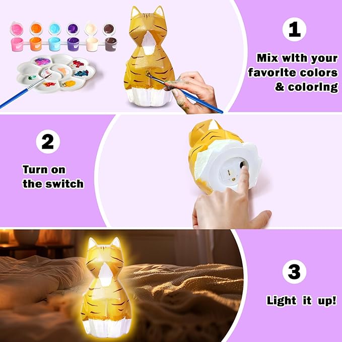 FUNZBO Paint Your Own Cat Lamp Kit - Arts and Crafts Supplies, Toys for Ages 8-13, Crafts for Girls 8-12, Painting Kits for Kids Teens Adults, DIY Toy for Toddler 3 4 5 6 7 9 10 11 + Birthday Gifts