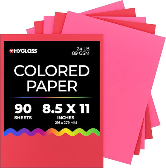 Hygloss 90 Sheets Valentine’s Day Colored Paper - 8.5x11-Inch Red and Pink Letter Size Color Copy Paper - 24 lb/ 89 GSM, Acid-Free, Fade-Resistant