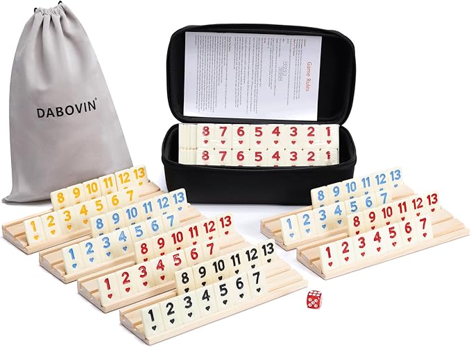 Upgraded Rummy Game Set, 6 Players Edition with 6 Tile Holders and 160 Rummi Tiles, Family Classic Board Games for Adults & Kids