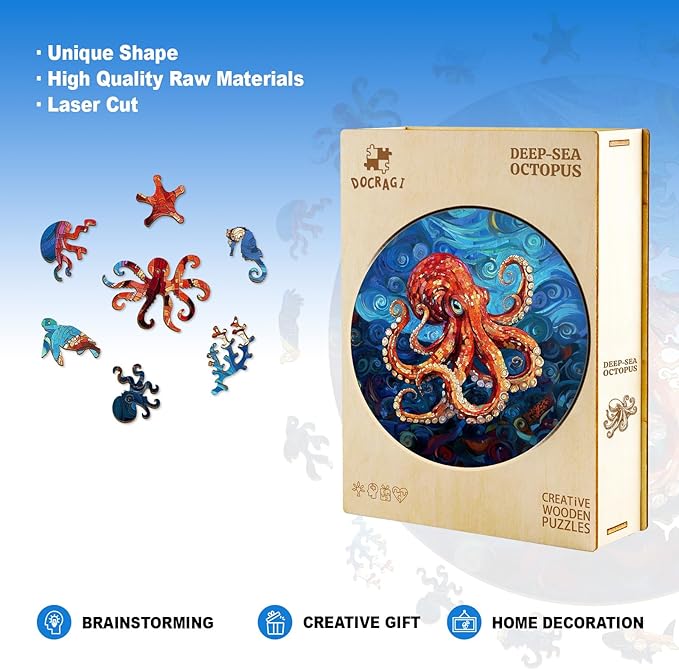 Wooden Puzzles for Adults - Deep-Sea Octopus Wooden Jigsaw Puzzle - Unique Animal Shaped Wood Puzzles Adult - Christmas Birthday Gifts for Adults/Friends/Family - 100pcs 8.4 * 8.4in