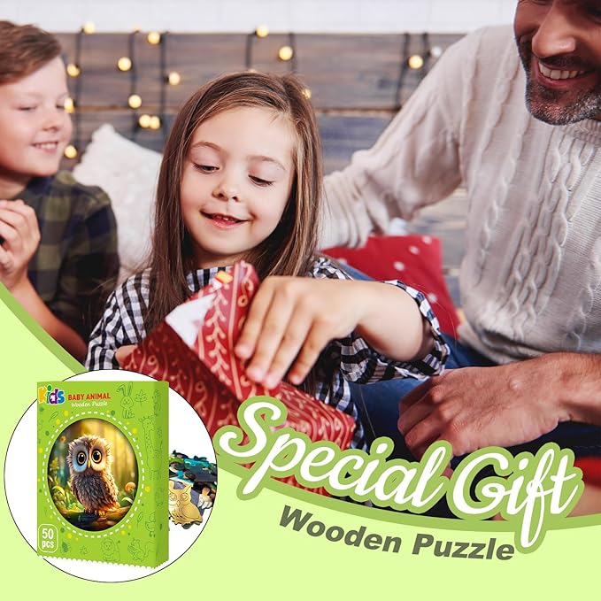 Christmas Birthday Gifts for Kids Girls Boys, Wooden Jigsaw Puzzles for Kids Ages 4-6, 50 Piece Unique Shape Animal Theme Puzzle - Preschool Learning Educational Toys for Kid 3+ (owl)