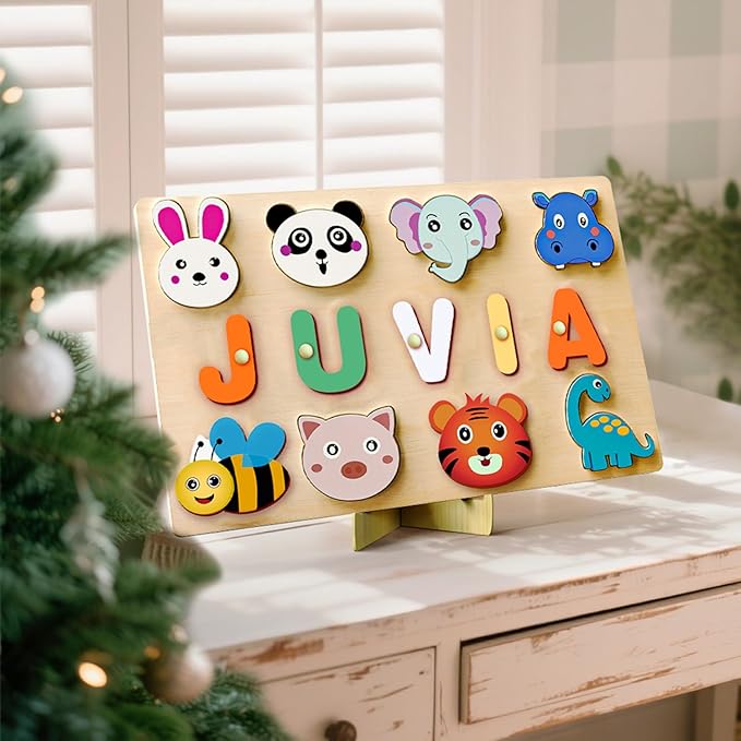 Name Puzzle for Kids Personalized - Custom Name Puzzles for Toddlers 1-3, Customized Wooden Animal Puzzle, Baby Gifts, Baby Shower, Christmas, Newbaby Gift, Gifts for 0 1 2 3 Years Old (style-01)