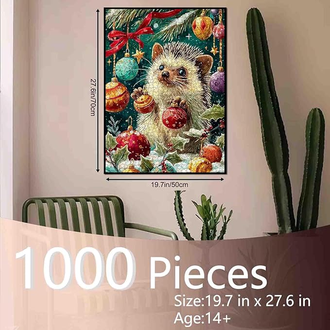 Merry Christmas 1000 Piece Jigsaw Puzzles for Adult Hedgehog Playing with Xmas Balls Painting Jigsaw Puzzle 1000 Animal/Wildlife Puzzles20''x27”inch DIY Craft Puzzle Art Wall Decor Family Challenging