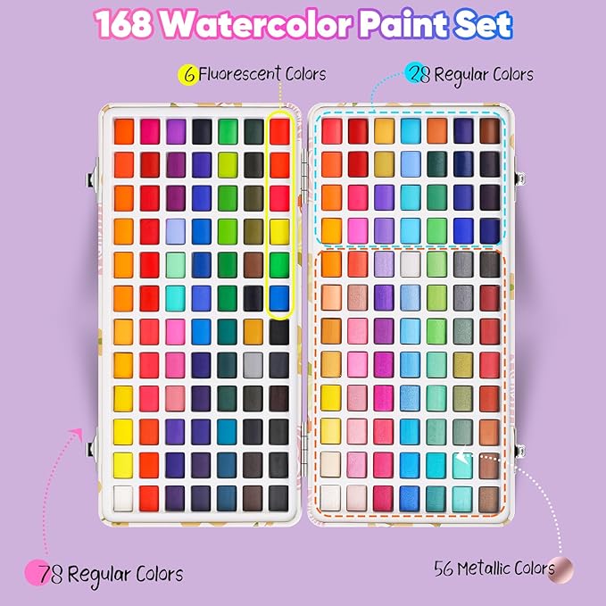 Taotree Watercolor Paint Set 168 Colors, Art Supplies Watercolors Kit Travel Water Colors with Paints Brushes, Crafts Painting Supplies, Drawing Gifts for Teens Girls Boys Kids Adults Artists