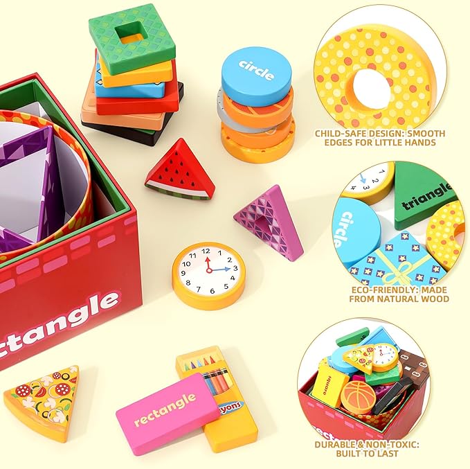 Atoylink Montessori Toys Shape Sorter for Toddlers, Wooden Stacking Blocks Nesting Boxes Baby Everyday Objects Shape Sorting Toys Matching Games, Preschool Learning Toys for 1 2 3 Year Old Boys Girls