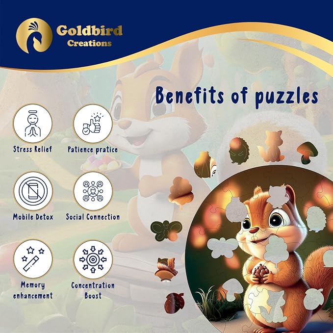 Wooden Puzzles for Kids Ages 4-8 - 50 Piece Puzzles for Kids - Animal Shaped Kids Puzzles - Round Wooden Jigsaw Puzzles - Christmas & Birthday Gift Idea (Baby Squirrel)