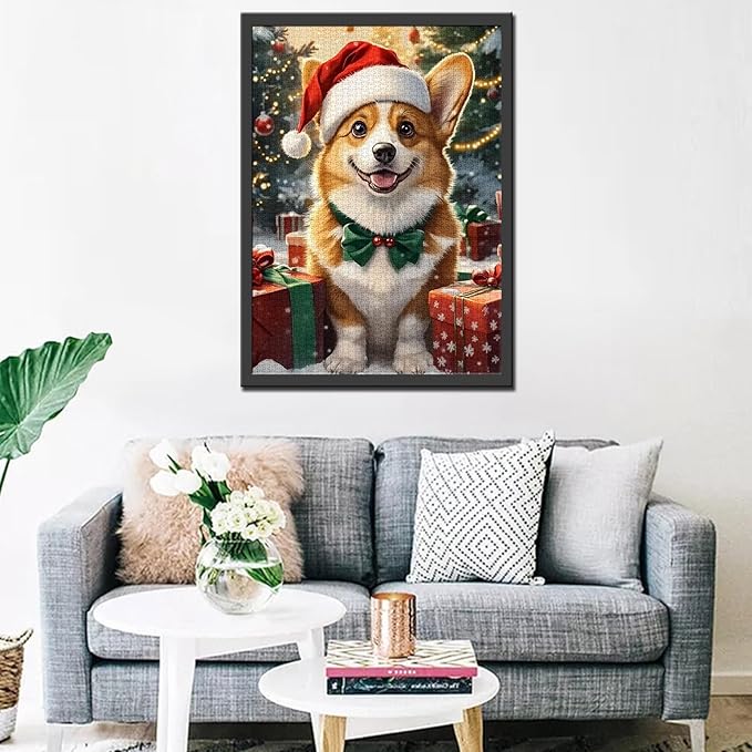 Merry Christmas 1000 Piece Jigsaw Puzzles for Adults Cute Little Dog Painting Jigsaw Puzzle Animal with Christmas Hat 1000 Pieces Puzzles Game Home Wall Decor DIY Craft Xmas Tree Puzzle Art Gift