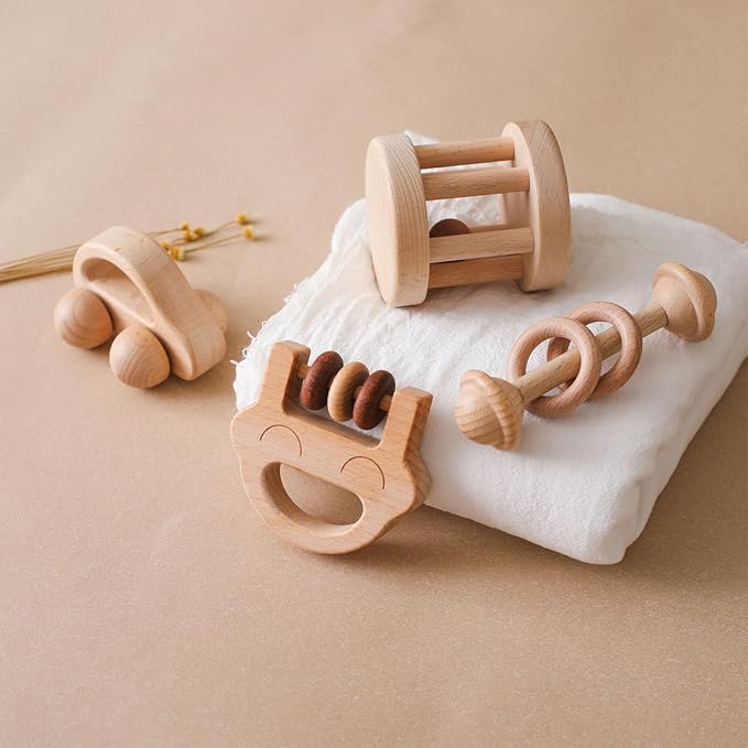Wooden Baby Rattle Set, Newborn Wooden Rattle Toy, Natural Wooden Montessori Baby Grip Toy, Baby Gift Toy, Wood Rattle Set-4
