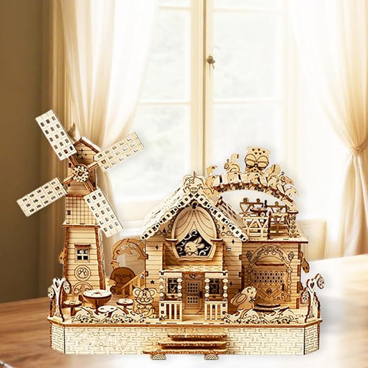 3D Wooden Puzzle Cottage with Rotating Windmill – DIY Mechanical Model Kit with Animal Miniatures, Creative Gift & Home Decor for Adults & Teens