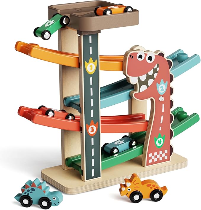 Montessori Toys for 1 Year Old, Car Ramp Track Toy for Toddlers 1-3, Wooden Toy Race Track with 4 Mini Cars, 2 Dinosaur Cars, 4 Ramps, Gift for Boys Girls Christmas Birthday