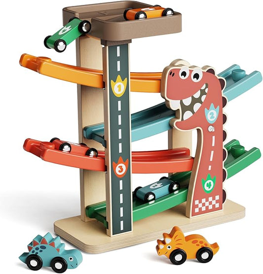Montessori Toys for 1 Year Old, Car Ramp Track Toy for Toddlers 1-3, Wooden Toy Race Track with 4 Mini Cars, 2 Dinosaur Cars, 4 Ramps, Gift for Boys Girls Christmas Birthday