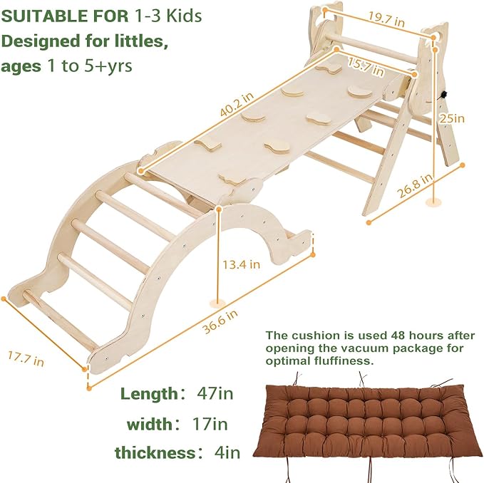 Large Foldable Toddler Climbing Toys Indoor Jungle Gym, Pikler Triangle Set with Cushion, S-lide and Arch, 7-in-1 Montessori Climbing Set(1.5-5yrs)