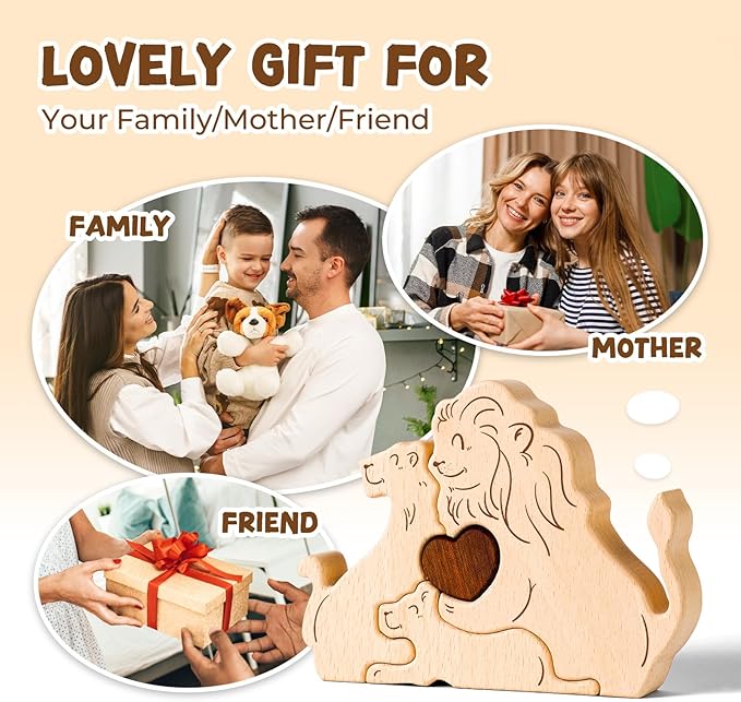 Wooden Lion Family Puzzle Games, Personalized 3 Name Puzzle for Home Crafts Decor, House Warming Birthday Party Gifts for Mom Dad Grandma Kids New Baby, Wooden Bear Family