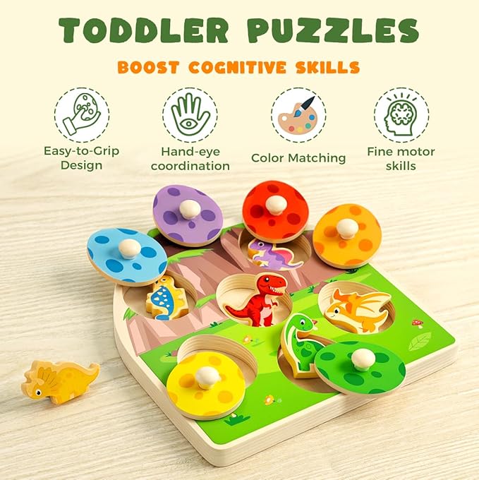 3 otters Wooden Peg Puzzles for Toddlers, Montessori Toys Dinosaur Learning Toys for Family Entertainment Education Birthday Gifts
