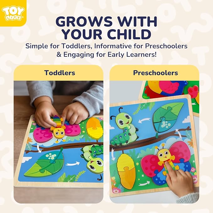 TOY Life Life Cycle Toys Puzzles for Kids, Wooden Puzzles for Toddlers 2-4, 4 Large Pieces Animal Puzzle for Toddlers 1-3, Montessori Toys for 1 2 3 Year Old Boy Girl, Baby Kids Educational Toy