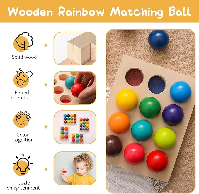 ibwaae Wooden Color Sorting Balls Game Peg Board Rainbow Color Matching Toys 12 Pcs Activities Balls Montessori Toys for Toddlers