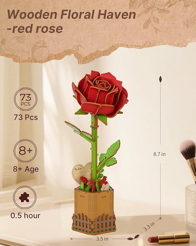 3D Red Rose Wooden Puzzles for Adults, DIY Wooden Flower Craft Kit, Artificial Flowers Model Kit to Assemble for Adults.(3.3 * 3.5 * 8.6in 73PCS)