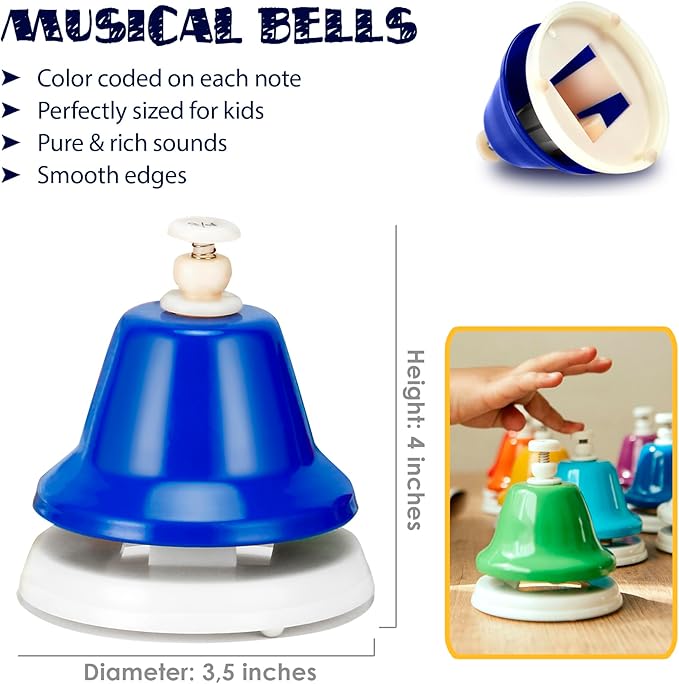 MINIARTIS Desk Bells for Kids | Educational Music Toys for Toddlers 8 Notes Colorful Hand Bells Set | Kids Musical Instrument with 15 Songbook | Great Birthday Gift for Children