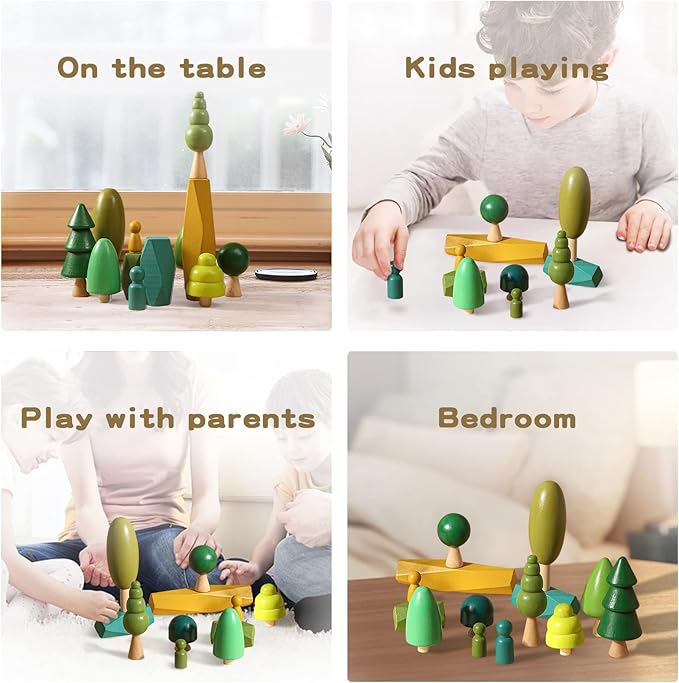 Wooden Tree Toy with Stacking Blocks for Toddlers Wood Peg Dolls and Balancing Stones for Home Decrocation Wooden Montessori Toys for Boys Girls Mini Trees Ornaments for Home Decor Accessories