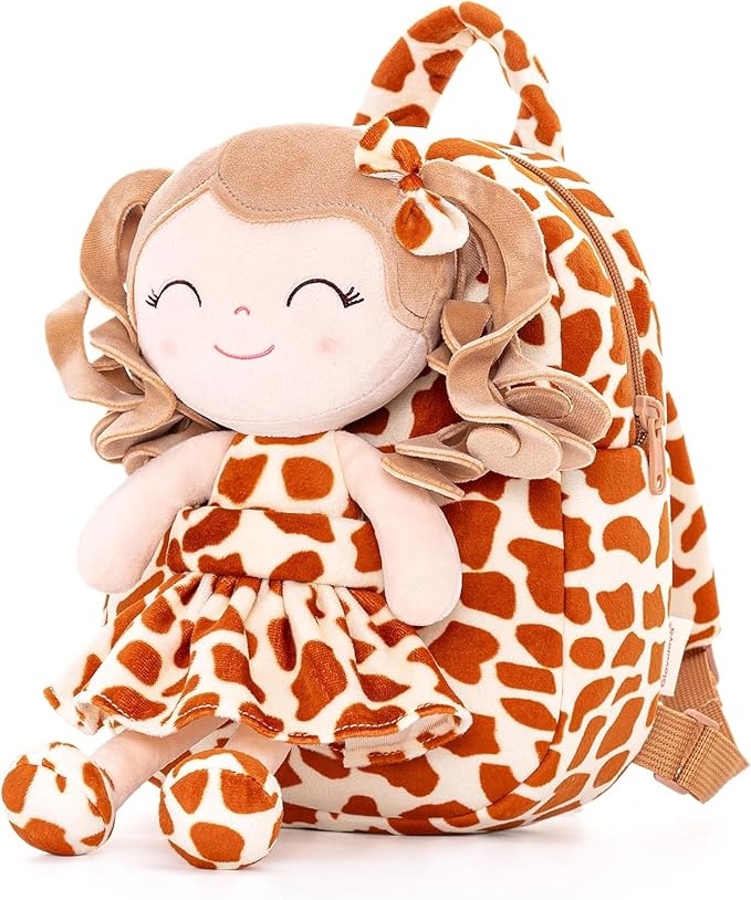 Gloveleya Toddler Backpack Baby Girl Gifts Curly Hair Plush Figures Dress Backpack Kids Backpack Curly Animal - Giraffe 9inches