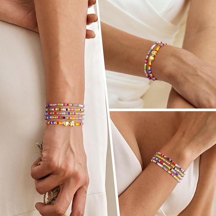M MOOHAM 5PCS Colorful Beaded Initial Bracelets for Girls Women - Cute Stretch Heart Letter Beaded Bracelet Bohemian Initial Stackable Bracelet Birthday Gift Jewelry for Kids Teen Girl