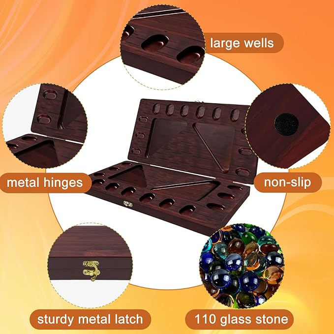 4-Player Mancala Board Game, Foldable Solid Wood with 110 Multi-Coloured Glass Beads, Instruction Manual, Non-Slip Mat,Suitable for Family Party Travelling Adults Puzzle Interactive Game.