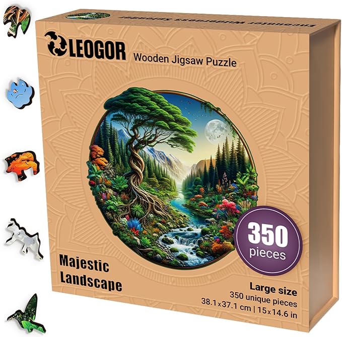 LEOGOR Wooden Jigsaw 350 Piece Puzzles for Adults (15 × 14.6 in), 350 Round Landscape Puzzle, Extra-Thick 5 mm Wood Puzzle Pieces, Unique Mosaic Shapes, Challenging and Beautiful Gift for Adults