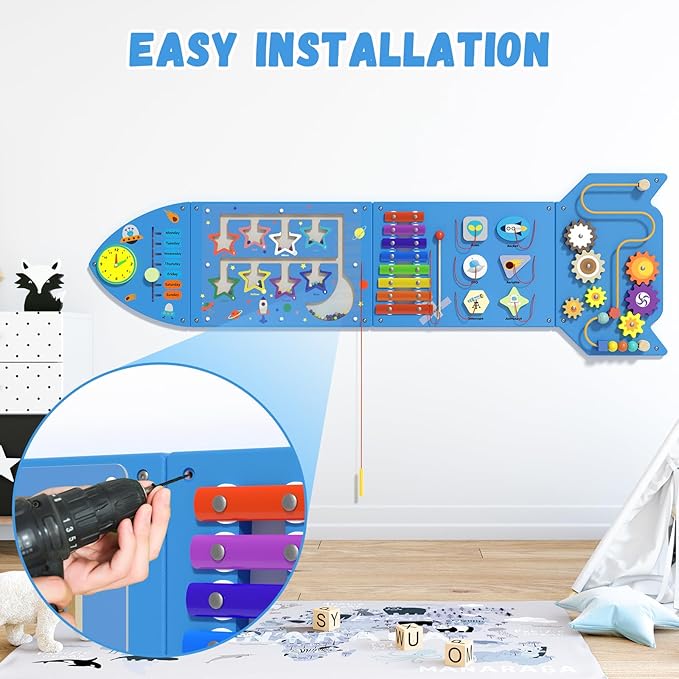 Montessori Busy Board - Blue Rocket Activity Wall Panels, Wall Toys for Toddlers 3+, Sensory Panels for Kids, Wooden Activity Cubes, Playroom Daycare Toys, Toddler Sensory Board (4PCS)