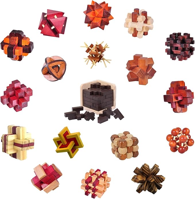 18 Pack Wooden Brain Teaser Puzzles Wooden Burr Puzzles Brain Teaser Puzzle with Gift Packing Box Magic Puzzle Games Toys for Kids and Adults by AHYUAN (Classical Wood)