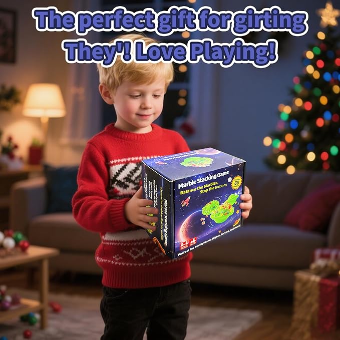 Marble Balance Board Game with 60 Glass Marbles & Storage Base - Fun Family Board Game for Adults, Party Game for 1-4 Players | Educational STEM Toy & Birthday Gift Halloween Party Favors for Kids