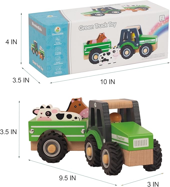 Wooden Tractor Toys for Toddlers 1-3, Baby Vehicle Toys Hand Push Car Toys for 1 2 3 Year Old Boys Girls (Green)