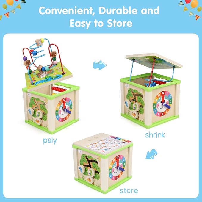 Wooden Activity Cube,Montessori Toys Gift Set for 12+ Months Boys & Girls,Educational Learning Toys for Toddlers Age 1+,First Birthday Gift for Baby