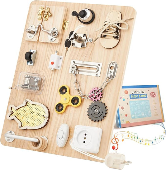 Wooden Montessori Large Busy Board for 1 2 3 4 Year Old, Sensory Activity Busy Board for Toddler Kids Baby Boys Girls, Travel Educational Toy for ADHD & Autistic Children