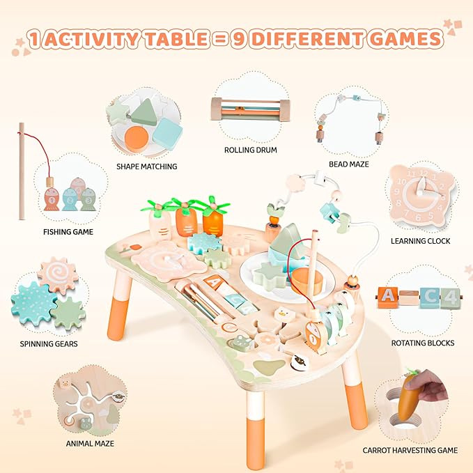 Activity Table for 1+ Year Old, 9-in-1 Montessori Wooden Sensory Play Table with Shape Sorter Fishing Game Bead Maze, Baby Activity Center Learning Toys for Toddler 12-18 Months