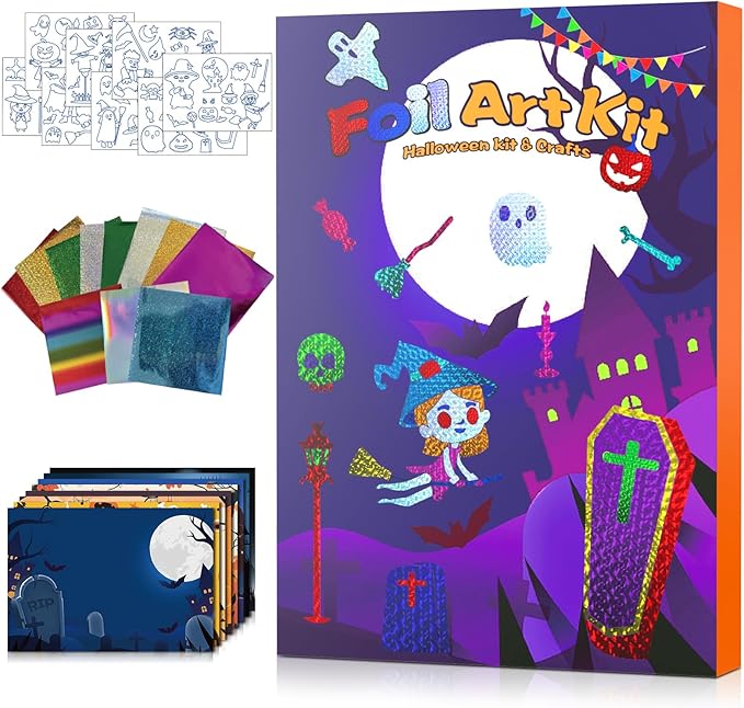 Halloween Foil Fun Crafts Kit for Kids - DIY Gifts Foil Art Mess Free Activity for Travel & Friends Party & Family Gatherings, Halloween Toys Gifts for Girls Boys Ages 4-13 (Witches Pumpkins)