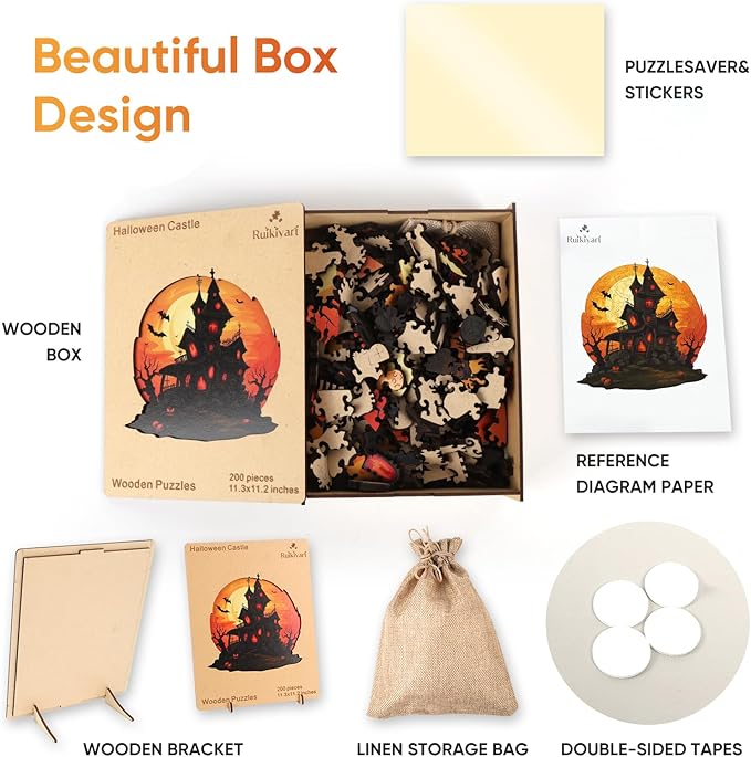 Ruikiyart Wooden Puzzles for Adults, 5MM 200 Pieces Halloween Castle Wooden Jigsaw Puzzles, Unique Shape Pieces Gift for Kids and Adults on Halloween (11.3"x11.2")