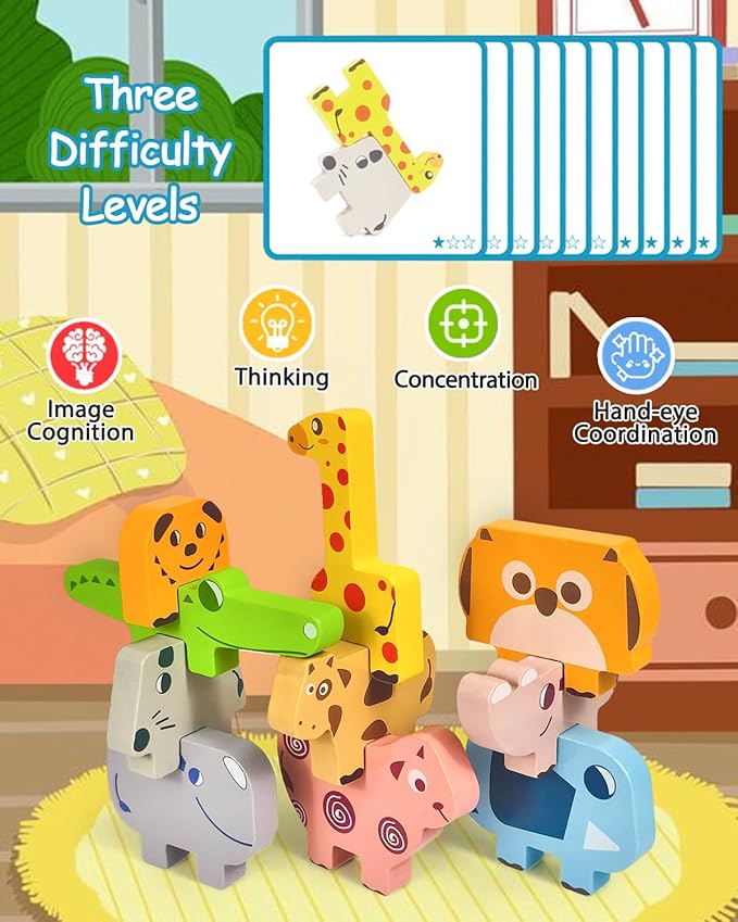 Montessori Toys for 1 2 3 4 Year Old Boys Girls, Toddler Toys Age 2-4, 10 Pack Wooden Animal Blocks Sorting & Stacking Education Toddler Puzzles Toy,1 2 3 4 Year Old Girl Boy Birthday Gifts