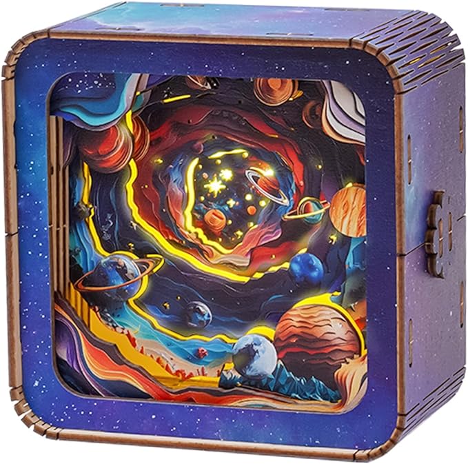 3D Wooden Puzzle Night Light, Interstellar Space DIY Puzzles for Adults, Eye Care Night Light with Touchable Switch, Personalized Gifts for Family Friend DIY Puzzle Lover