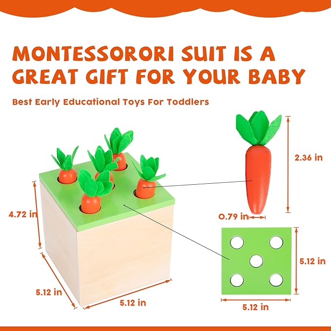 Montessori Toys for 1+ Year Old Babies - 4-in-1 Play Kit Includes Carrot Harvest Game, Infant Coin Box, Fine Motor Skills Toys and Object Permanence Box