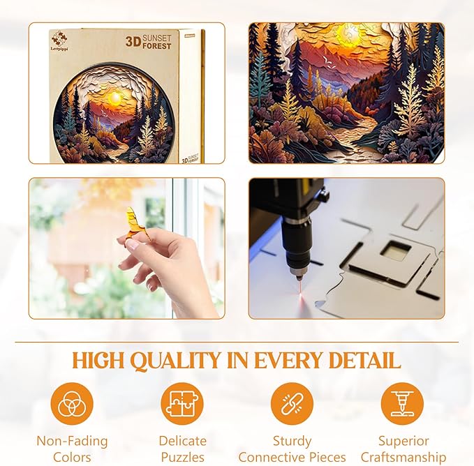 Wooden Puzzles for Adults, Wooden Jigsaw Puzzles for Adults Kids, 3D Sunset Forest Unique Shaped Wood Puzzles Adult, Creative Birthday Gifts for Friends Family Game (13.4 * 13.4in 300pcs)