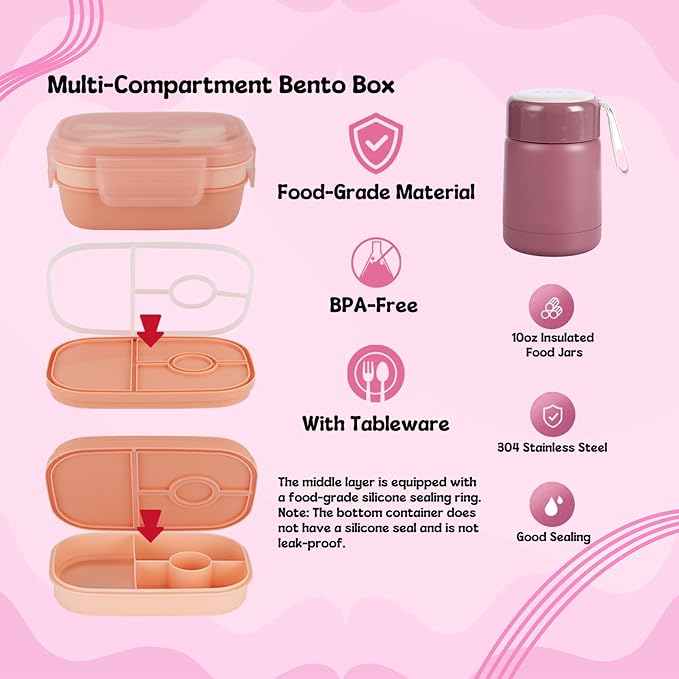 Bento Lunch Box Set for Girl Kids, with 10oz Soup Thermo, Leak-Proof Food Containers, Insulated Nylon Preppy Lunch Bag with Adjustable Strap for Girls School Travel Picnic