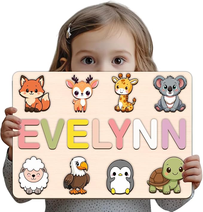 LOVELYPOD Personalized Name Puzzle for Kids, Custom Name Puzzles for Toddlers 1-3 Animal Puzzle, Customized 1st Birthday for Girls & Boys Wooden Toys for Kids, for New Baby - Style 5