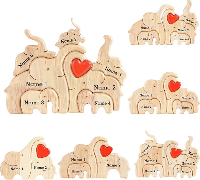 Custom Wooden Bears Family Puzzle with 2-8 Family Name - Family Decor for Mom Unique Wooden Decor Gift for Mom and Dad Mother's Day Father's Day Jigsaw Puzzles (Baby Elephant Puzzle)