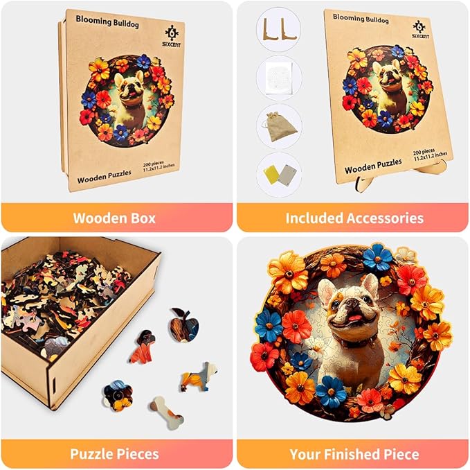 Wooden Jigsaw Puzzle, 200-500 Pieces Unique Shape Animal Puzzle, for Adults & Kids, Birthday Gift Family Game, Decorative Puzzle, Unique Gift (Blooming Bulldog, 200 PCS)
