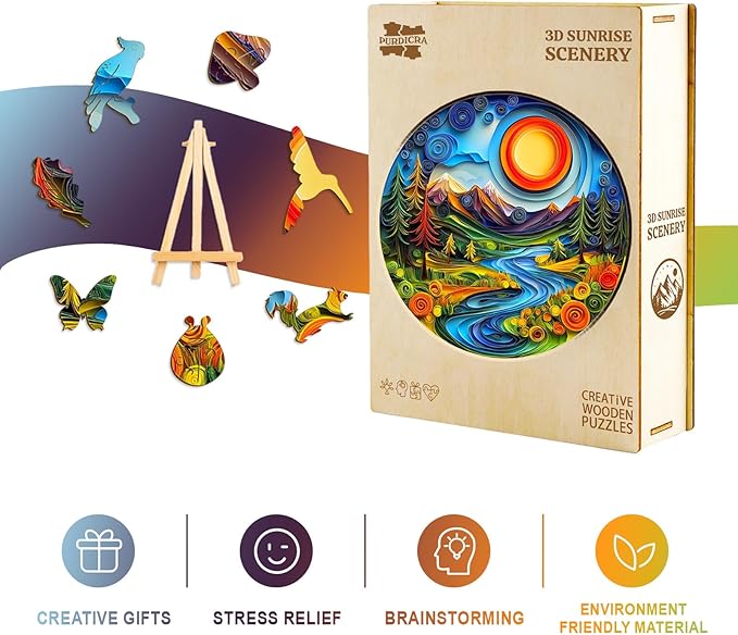 Wooden Puzzles for Adults - Unique Animal Shaped Sunrise Scenery Puzzle, 3D Vision Wooden Jigsaw Puzzle, Christmas Birthday Gifts for Friends/Family, Home Decor 13.4 * 13.4in 300pcs